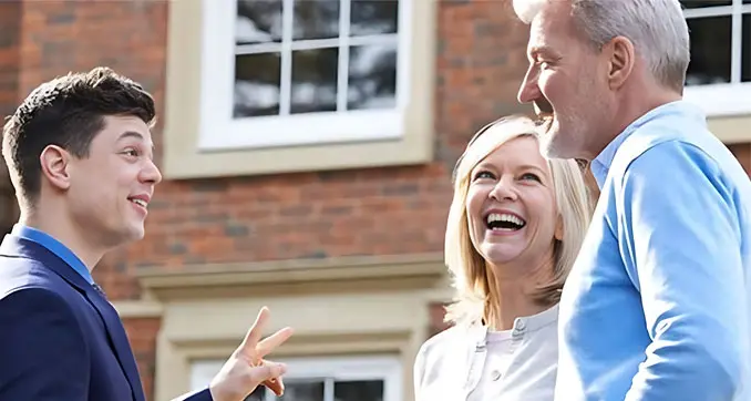 A man and woman laughing outside of a brick building.